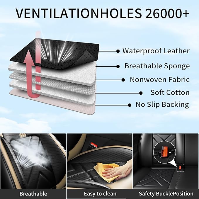 Car Seat Covers Fit for Mazda 3 2007-2026, Premium Leather, Full Coverage Leather Waterproof Breathable Seat Covers, Automotive Seat Protectors, Airbag Compatible(Full Set Seats, Black Beige)