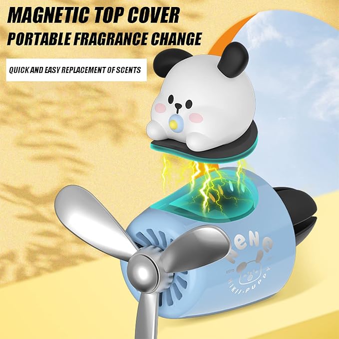 Car fragrance diffuser pilot car air outlet fragrance diffuser cartoon rotating fan leaf car perfume cute cartoon shape car perfume air freshener with 2 fragrances (dog)