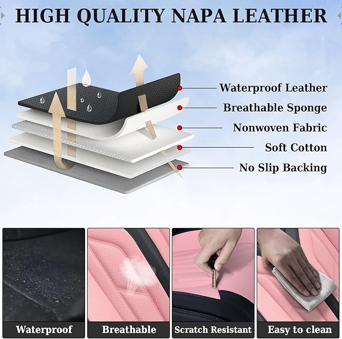 Coverado Front Seat Covers, Car Seat Covers Front Seats, Leather Seat Covers for Cars, Automotive Seat Covers Car Seat Protector Car Accessories Fit for Most Sedans SUV Pick-up Truck(Black&Pink)