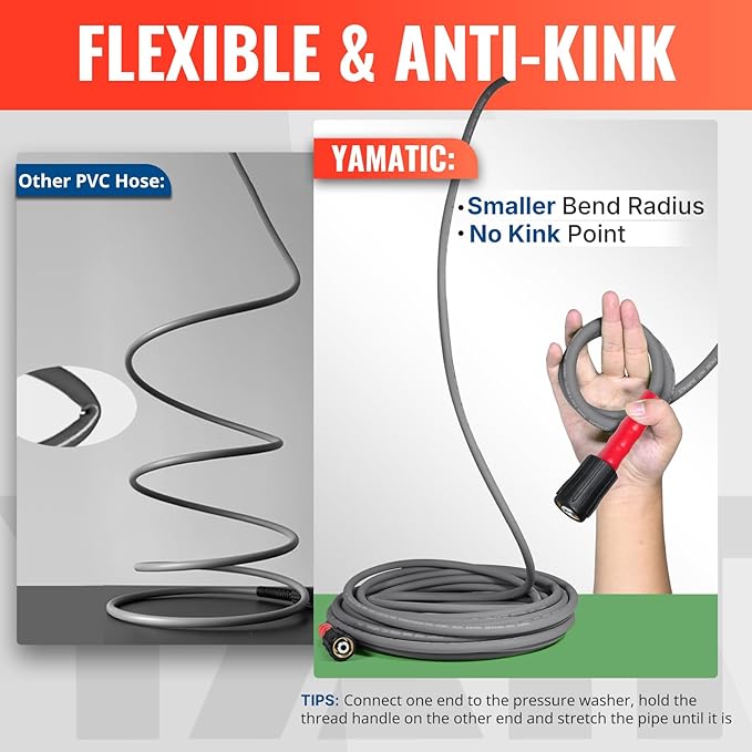 YAMATIC Upgraded Flexible Pressure Washer Hose 100FT 1/4", 3200 PSI Non-Kink Replacement with M22-14mm & 3/8" Quick Connect Adapters, Extension for Gas Power Washer Troy-Bilt Ryobi Honda Craftsman