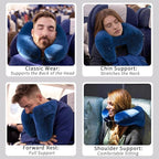 H-Shaped Travel Pillow with Snap-On Hood – Ergonomic Neck Support with Plush Velvet Cover, Instant Inflation & Compact Bag – for Airplane, Car, Office & Long Trips (Blue)