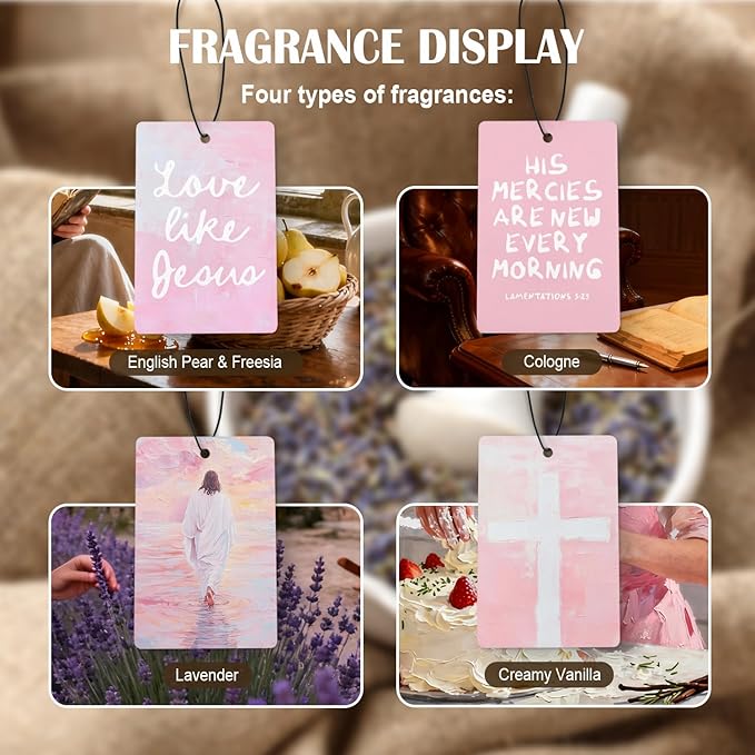 Pink Jesus Christian Car Air Freshener 4 Pcs, His Mercies Are New Every Morning Bible Verse Hanging Air Freshener for Cars Closet Drawer Books, Christian Car Accessories for Women Girls