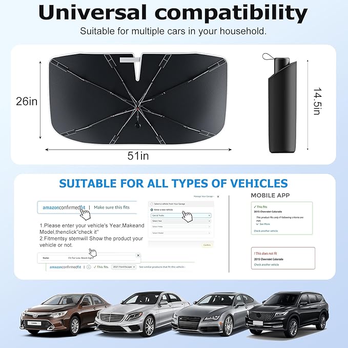 [Upgraded] DooGooCoo Windshield Sun Shade Umbrella - Large, Car Sunshade for Front Windshield [UV Block & Heat Shield], Keep Car Cooler & Protect Interior Sun Shade for car Windshield (61"x35")