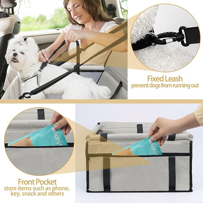 PetsHome Dog Car Seat Foldable Dog Car Booster Seat Waterproof Breathable Oxford Travel Bag for Small to Medium Dogs, Puppies, and Pets-Pure Grey