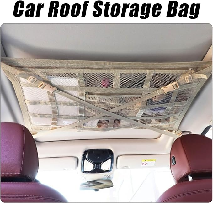 Overhead Car Organizer, Compatible with Ford F-150 XL/Raptor 2010-2025 Car Roof Storage Net Universal Car Ceiling Storage for Camping Storage Bag,Beige-Large