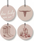 Boho Beige Western Round Car Air Freshener 4 Pcs, Cow Skull Cactus Cowgirls Boots Hanging Air Freshener for Cars Closet Drawer Books, Western Country Car Accessories Mirror Decor for Women