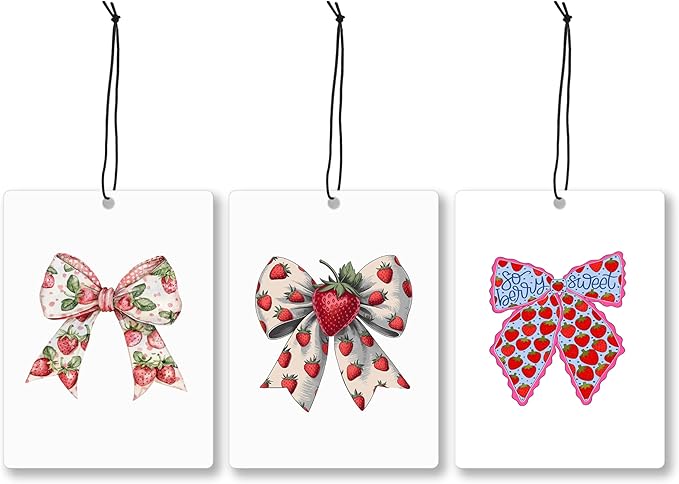 Mancheng-zi Coquette Strawberry Bow Car Air Freshener 3Pcs, Cute Preppy Girly Air Freshener Hanging for Cars Closet Drawer or Books, cute Strawberry Car Accessories Mirror Decor for Women