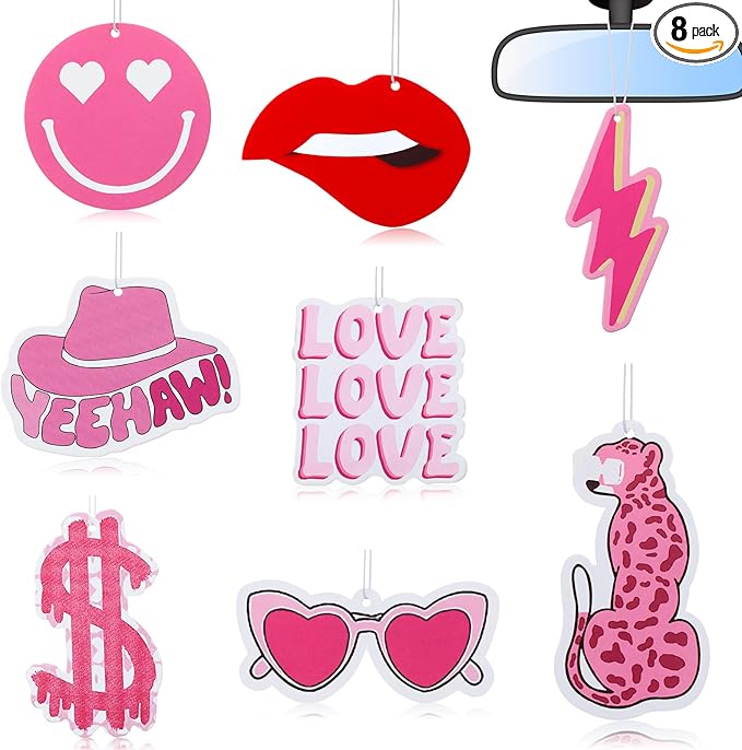Tallew 8 Pcs Scented Pink Car Freshies Hanging Air Freshener Pink Car Freshener Slice Pendant Scented Diffuser for Interior Air Accessories Home Gift Supplies(Heart)
