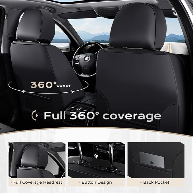 Coverado Car Seat Covers Full Set, Seat Covers for Cars, Front Seat Covers and Back Seat Cover Waterproof Leather Automotive Seat Cover, Universal Car Interior Protectors Cushion for Most Cars