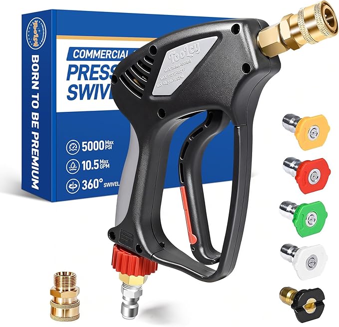 TOOLCY 5000 PSI Pressure Washer Gun with Swivel Inlet, Short Power Washer Gun with Nozzle Tips, Ergonomic Handle, 3/8'' Male Plug, M22-14mm, 1/4" Quick Connector, Sturdy Design for Gas Pressure Washer