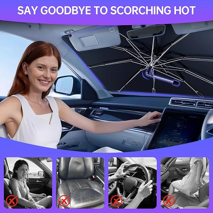 [2025 Upgraded] Windshield Sun Shade Umbrella - Foldable Car Sunshade for Jeep Wrangler/Gladiator, for Toyota 4Runner/Land Cruiser, Front Window Sun Shade UV Block & Heat Shield(Small-55"x23")