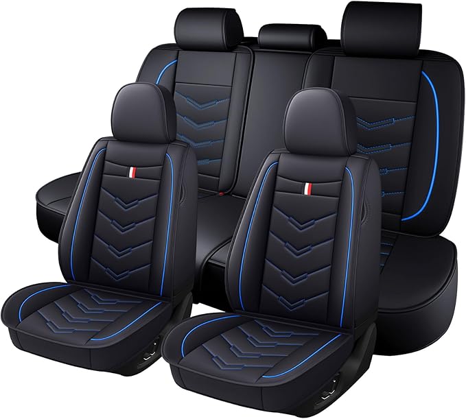 Full Set Seat Cover for Toyota Highlander 2001-2025, Waterproof Durable Premium Leather Car Seat Protector, Comfortable Anti-Slip Stylish Sport Seat Cover(5 Seats Standard,Black Blue)