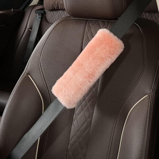 OGLAND Genuine Sheepskin Soft Fuzzy Car Seat Belt Pad,2 Pack Fluffy Seat Belt Cover for Shoulder Pad Neck Cushion Protector Car Accessories (Soft Pink)