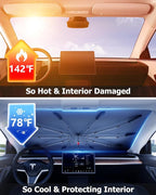 DMJN Umbrella Windshield Sun Shade - Large, Car Sunshade for Front Windshield [Nano Ice-Crystal Coatings] UPF50+ Heat & UV Block, Protect Interior & Keep Cooler Universal for Car, SUV, Truck