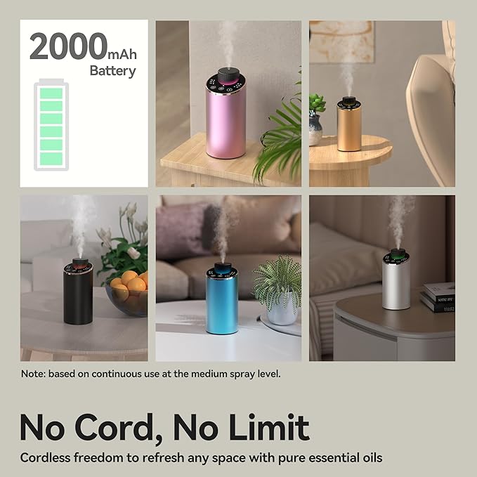 Waterless Essential Oil Diffuser Scent Aromatherapy Diffusers for Home Large Room, Car, Office, Portable Battery Operated Cordless Air Freshener, 4 Timers & 3 Mist Levels, 100ml Capacity (Golden)