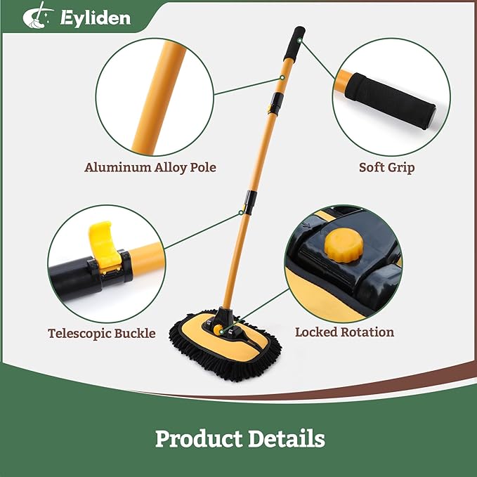 Eyliden Car Wash Brush Mop, Long Handle, 2 Scratch-Free Microfiber Heads, Car Detailing Care Kit for Car RV Truck (Yellow & Black)