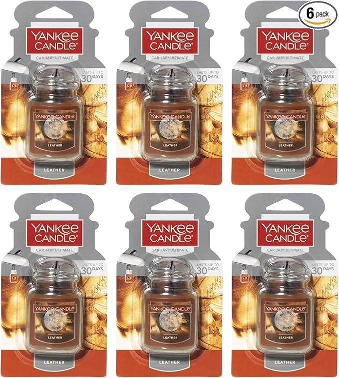 Yankee Candle Car Air Fresheners, Hanging Car Jar Ultimate, Neutralizes Odors Up To 30 Days, Leather, 0.96 OZ (Pack of 6)