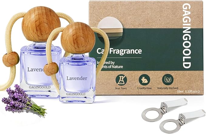 Car Air Freshener Hanging 2 Pack, Lavender Scent Essential Oil Diffuser Long Lasting Up to 150 Days, Cute Car Accessories with 2 Vent Clip for Women Men Gift, Odor Eliminator