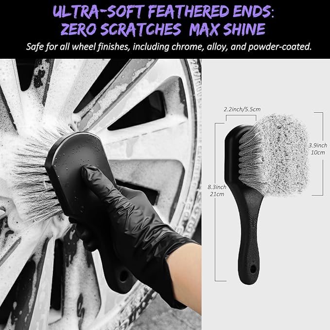 YeewayVeh 6Pcs Car Wheel & Tire Brush Kit, Professional Wheel Detailing Kit with Scratch-Free Rim Brush, Tire Brushes, Detailing Brush, Microfiber Towel & Tire Shine Applicator Pad, Vibrant Purple