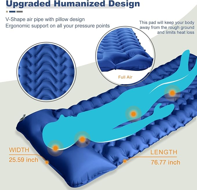 MEETPEAK Sleeping Pad, Extra Thickness Inflatable Camping Sleeping Mat with Pillow Built-in Foot Press, Compact Ultralight Camping Air Mattress for Backpacking, Hiking, Tent