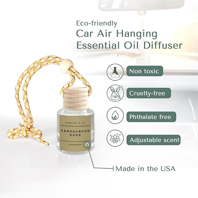 Sandalwood Rose Car Air Hanging Essential Oil, Car Air Freshener Diffuser, Long Lasting Essential Oils, Aromatherapy Vehicle Diffuser by Simplee & Co