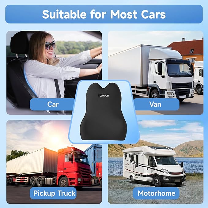 Teemour Lumbar Support Pillow for Car Truck Accessories Memory Foam Back Cushion for Driving Seat Lower Back Support, Lumbar Comfort for Long Drivvers Back Pain Relief, with Three Adjustable Straps