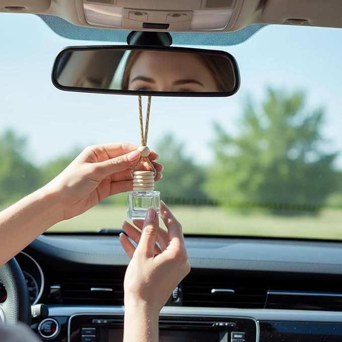 Boao 25 Sets Hanging Car Air Freshener Diffuser Bottles Empty Bulk with Car Diffuser Instruction Cards Organza Bags Glass Refillable Essential Oil Fragrance Aromatherapy Pendant (Flat Square,Clear)