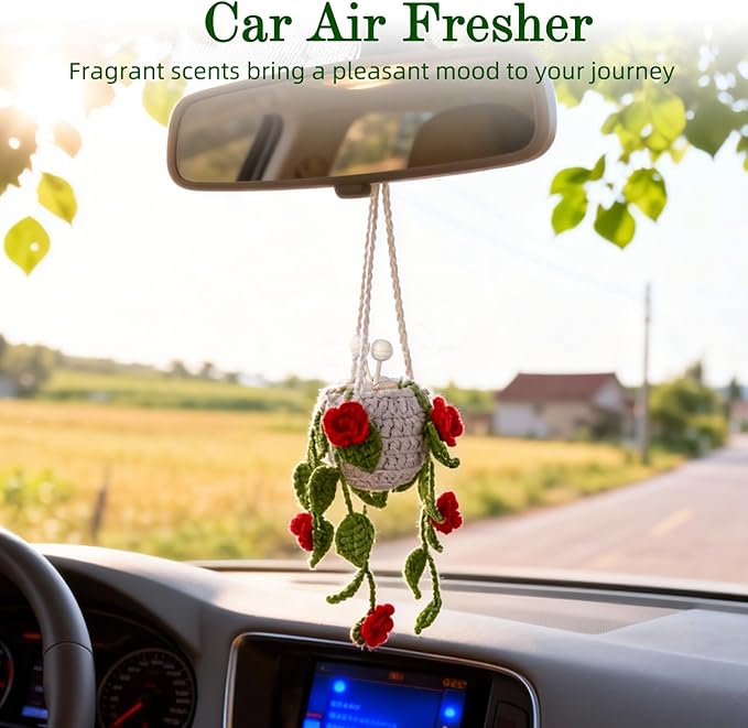 Crochet Car Air Freshener, 8ml Empty Refillable Oil Diffuser Bottle with Hanging Crochet Red Rose Plant & Hanging Tools, Car Rearview Mirror Diffuser for Wall Art & Home & Office Decoration