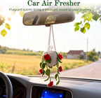 Crochet Car Air Freshener, 8ml Empty Refillable Oil Diffuser Bottle with Hanging Crochet Red Rose Plant & Hanging Tools, Car Rearview Mirror Diffuser for Wall Art & Home & Office Decoration