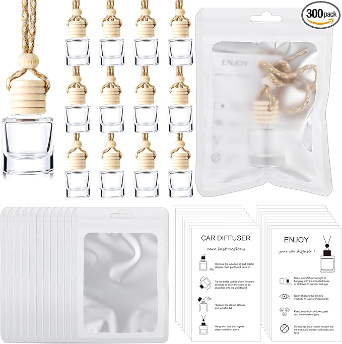 Boao 300 Sets Hanging Car Air Freshener Diffuser Bottles with Instruction Card and 4 x 6'' Resealable Holographic Bag for Empty Car Essential Oil Perfume Bottles Packaging (Cylinder)