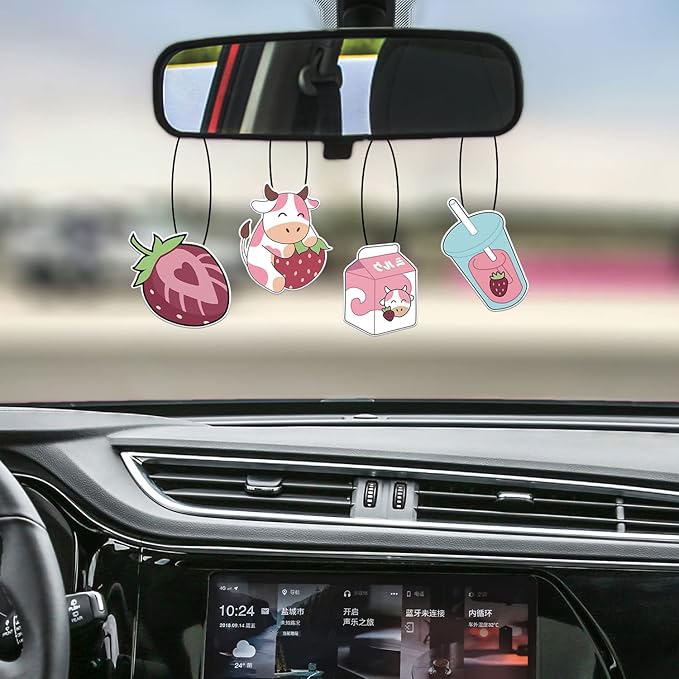 4 Pcs Bubble Tea Strawberry Milk Car Air Fresheners, Strawberry Funny Hanging Car Air Fresheners Cute Car Mirror Scented Hanging Car Decoration Ornaments Gift Car Interior Decor Accessories for Men Women