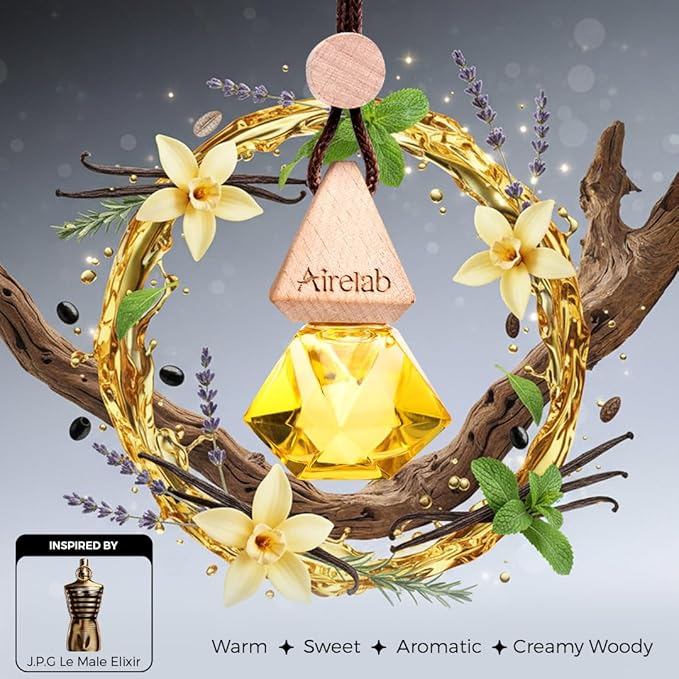 Car Air Freshener 8ml | Perfume Style Freshener Inspired by J.P.G Le male elixir Fragrance | Natural Essential Oil Glass Bottle with Wooden Diffuser | Lasts Up to 60 Days