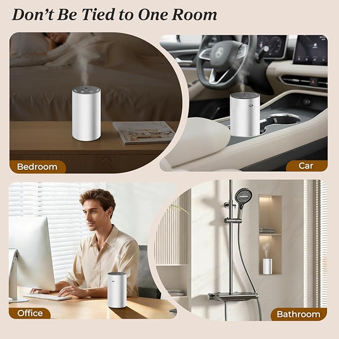 URPOWER Waterless Essential Oil Diffuser: No Water Needed Battery Operated Scent Diffuser - Cordless & Mini Essential Oil Machine Aluminum for Car Home Office(Silver)