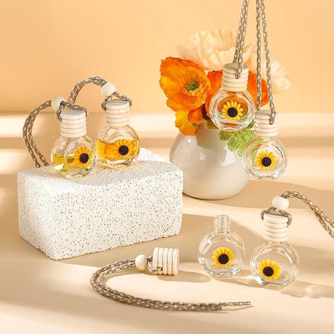 BBTO 50 Pcs Hanging Car Air Freshener Car Diffuser Bottles Empty Glass Perfume Bottle Freshener Diffuser Bottle Pendant for Essential Oil Fragrance Aromatherapy Ornament(Clear,Sunflower)
