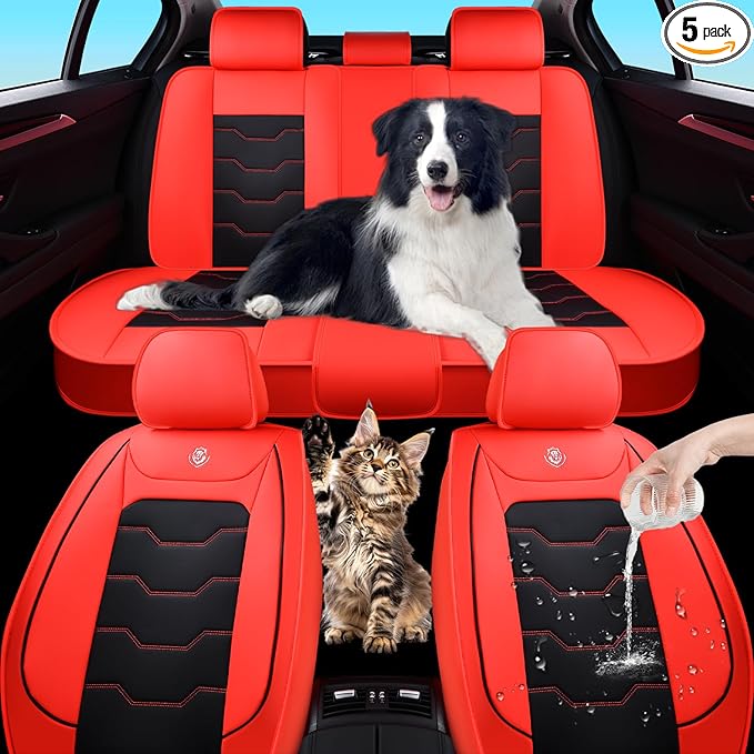 Red Car Seat Covers Complete Set, Universal Car Seat Covers for Cars, Premium Waterproof Leather, Protect & Upgrade Car Interiors, Airbag Compatible, Easy to Install & Clean Up