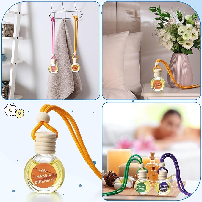 Boao 15 Pcs Hanging Car Air Freshener Diffuser Bottles Bulk, Empty Refillable Glass Perfume Pendants with Wood Caps, DIY Essential Oil Car Ornaments with Thank You Cards for Wedding Party Favors