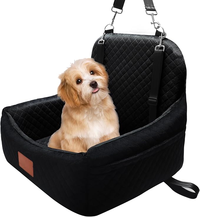 Small Dog Car Seat for Small Dogs Under 30 lbs, Memory Foam Pet Car Seat with Washable Cover, Safety Belts & Side Storage Pockets, Portable Travel Bed for SUV/Sedan (Black)