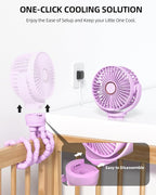 Portable Stroller Mini Fan, Small Rechargeable Personal Cooler w/ 360° Rotation, 3-Speed, Battery Powered Stroller Accessories, Baby Essentials for Car Seat, Crib, Bike, Treadmill, Plum