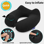 Inflatable Travel Neck Pillow for Airplane, Head Support Velvet Adult Neck Pillow for Long Flight, Kit with Eye Mask, Earplugs and Storage Bag,1, Black