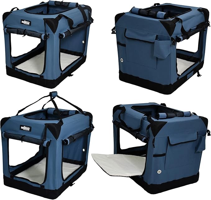 EliteField 4-Door Folding Soft Dog Crate with Curtains, Carrying Bag and Fleece Bed (2 Year Warranty), Indoor & Outdoor Pet Home (20" L x 14" W x 14" H, Blue Gray+4 Door Curtains)