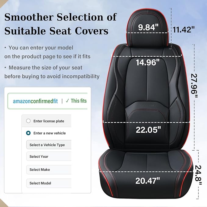 Coverado Car Seat Covers Front Seats, Waterproof Leather Seat Covers for Cars, Luxury Car Seat Covers with Lumbar Support, Car Seat Protector Driver Seat Covers Universal Fit Most Cars (Black&Red)