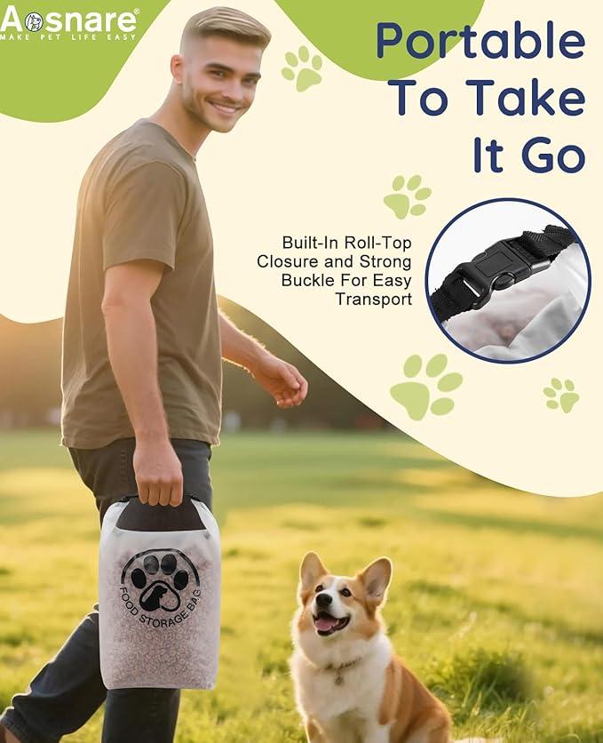 Pet Food Storage Bag for Travel - Transparent Leak-Proof Dog Food Container with Roll-Top Closure, Keeps Kibble Fresh for Camping Trip, Dog Boarding, Weekend Getaways (25 Cups+bowl)