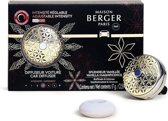 Maison Berger Car Diffuser Set – Refillable Vent Clip, Ceramic Refill, Made in France - Luxury Auto Scent - 4-Week Diffusion - Elegant Air Freshener for All Car Vents (Vanilla Magnificence)