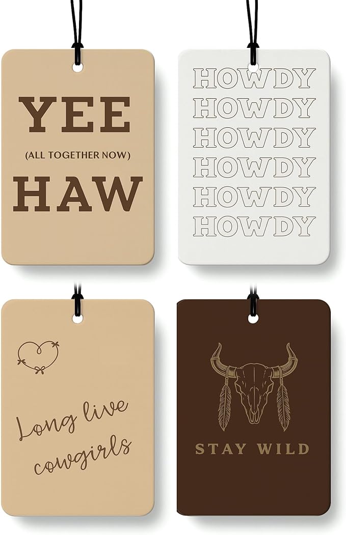 Western Car Air Freshener 4 Pcs Coconut Scented, Howdy Long Live Cowgirls Cow Skull Car Accessories Mirror Decor for Women, Beige Western Hanging Air Freshener for Cars Closet Drawer Books