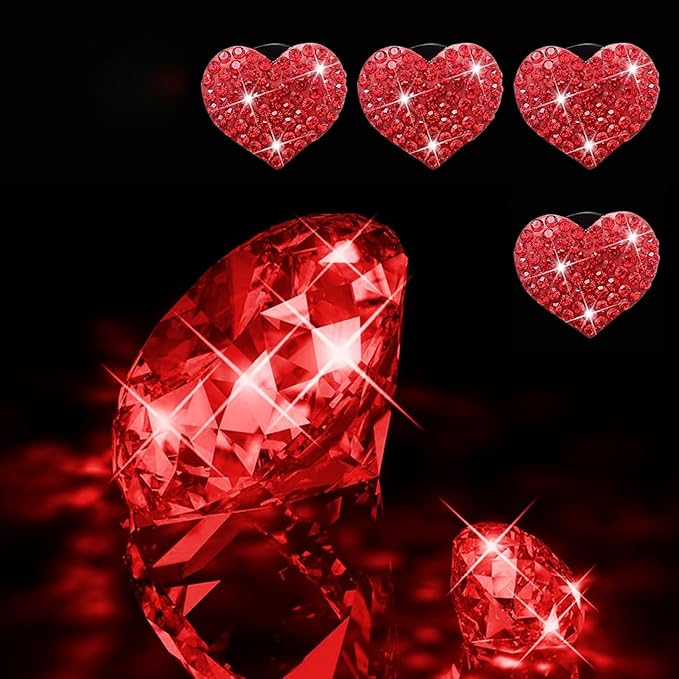 MLY 4 PCS Car Bling Vent Clips, Heart Crystal Rhinestone Air Freshener Vent Clips, Passenger Princess Glitter Cars Accessories, Universal Car Air Freshener Decoration for Women (Red)