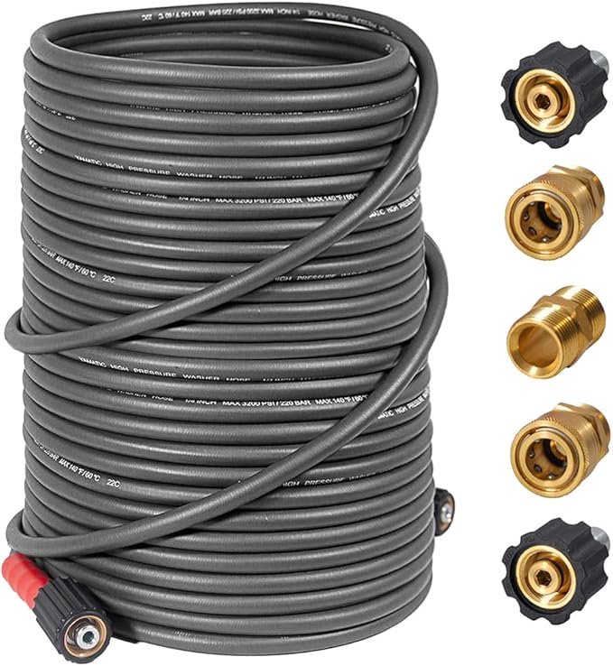 YAMATIC Upgraded Flexible Pressure Washer Hose 100FT 1/4", 3200 PSI Non-Kink Replacement with M22-14mm & 3/8" Quick Connect Adapters, Extension for Gas Power Washer Troy-Bilt Ryobi Honda Craftsman