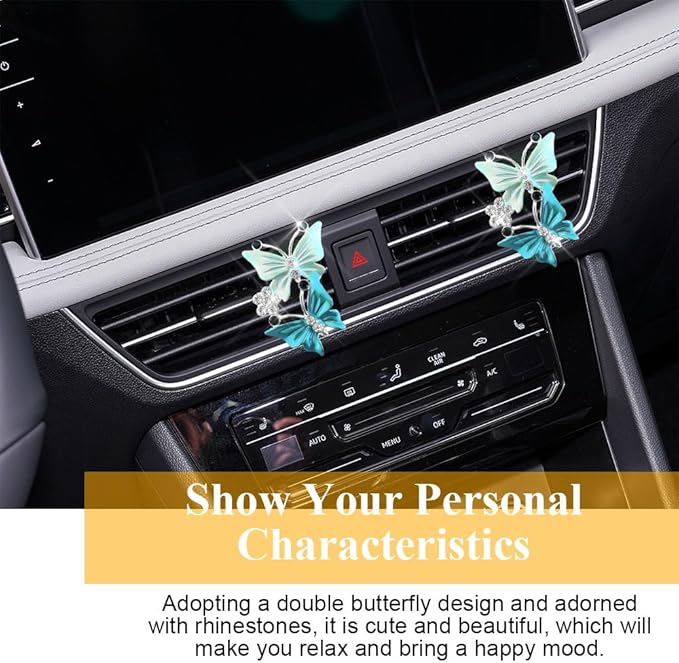 2PCS Car Air Fresheners Vent Clips, Butterfly Car Accessories, Sparkly Bling Dual Butterfly Auto Air Vent Clips, Automotive Cute Air Conditioning Outlet Decoration Universal for Women Girl