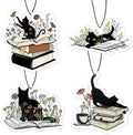 Floral Black Cat Reading Car Air Freshener 4 Pcs, Book Lover Reader Gifts, Black Cat Gifts Hanging Air Freshener for Books Reading Nook Library, Bookish Car Accessories for Women Girls