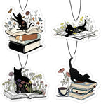Floral Black Cat Reading Car Air Freshener 4 Pcs, Book Lover Reader Gifts, Black Cat Gifts Hanging Air Freshener for Books Reading Nook Library, Bookish Car Accessories for Women Girls