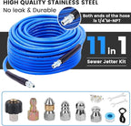 100FT Pressure Washer Sewer Jetter Kit, 5800 PSI Water Jet Drain Cleaner Hose with Corner Rotating Button Nose Nozzle, 1/4 Inch NPT, Kit Includes Sewer Jetting Nozzles and Spanner Handle Strap